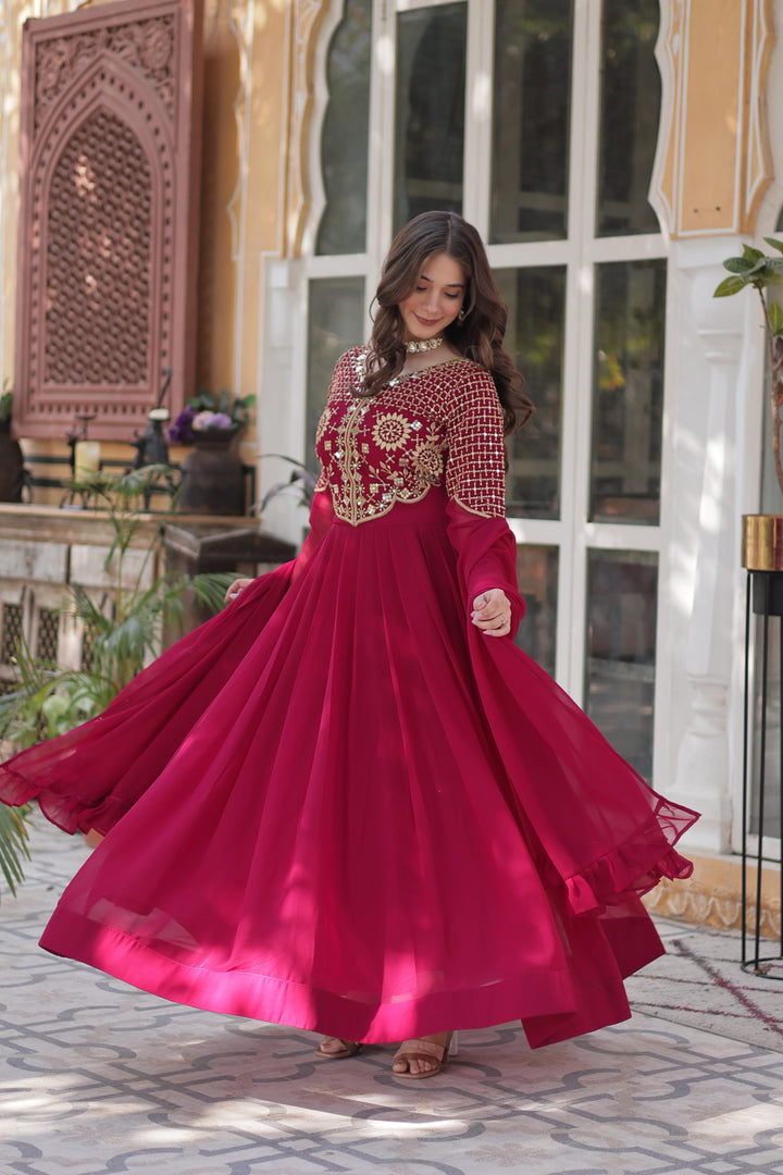Dark Pink Embroidered Gown , Party Wear Dark Pink Gown , Designer Dark Pink Gown for Women , Full Sleeve Dark Pink Gown , Dark Pink Gown with Dupatta , Stylish Dark Pink Gown Online , Faux Blooming Dark Pink Gown , Dark Pink Gown for Bridesmaid , Fancy Dark Pink Gown for Reception , Heavy Flair Dark Pink Gown .