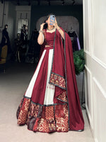 Load image into Gallery viewer, Maroon Rayon Lehenga with Mirror Work , Traditional Maroon Lehenga Choli , Maroon Lehenga for Festive Wear , Elegant Maroon Lehenga with Dupatta , Maroon Color Wedding Lehenga , Maroon Mirror Work Lehenga Online , Heavy Flair Maroon Lehenga , Party Wear Maroon Lehenga Set , Printed Maroon Lehenga for Women , Maroon Lehenga Choli with Gota Patti Touch .
