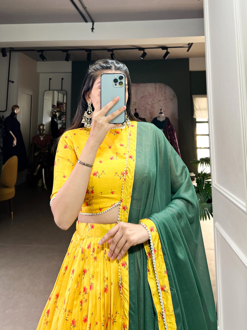 ✨ Step Into Elegance with this Beautifully Designed Tussar Silk Lehenga Set. Featuring Floral Prints, a Pearl Lace Border, and a lightweight Star Georgette Dupatta, this outfit is ideal for Weddings, Festive Celebrations, and Special Occasions.