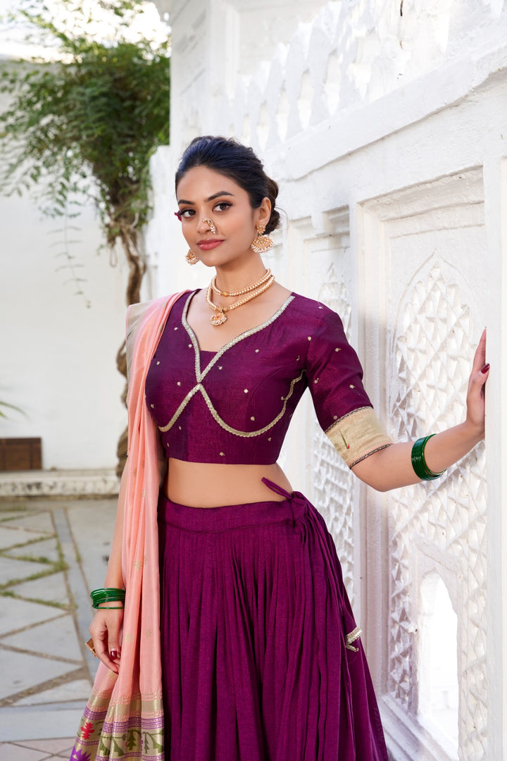 Hitaxi Vichitra Silk Wine Dhavani Set | Langa Voni / Half Saree | Shoppers Trend