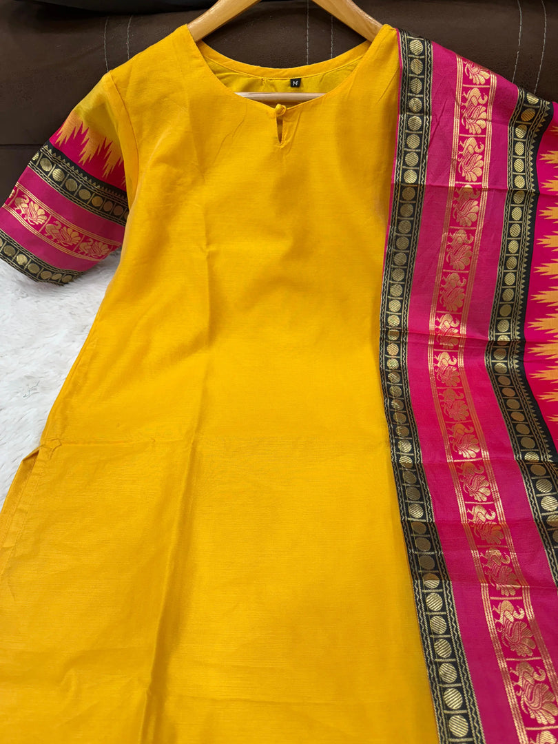 Teena Cotton Silk Yellow Kurti With Jacquard Work | Shoppers Trend