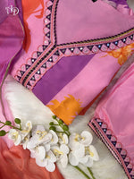 Load image into Gallery viewer, Bright orange muslin Anarkali with embroidery , Orange digital shine print Anarkali with dupatta , Full sleeve orange muslin gown for ethnic look , Stylish orange Anarkali dress with v-neckline , Orange festive Anarkali with beautiful embroidery , Designer orange Anarkali in soft muslin fabric . 
