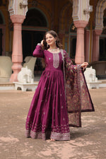 Load image into Gallery viewer, Shop Stylish Wine Gown with Sequins Embroidery , Elegant Wine Color Anarkali Gown for Weddings , Designer Wine Gown with Kalamkari Dupatta , Buy Festive Wear Wine Gown with Full Sleeves . 

