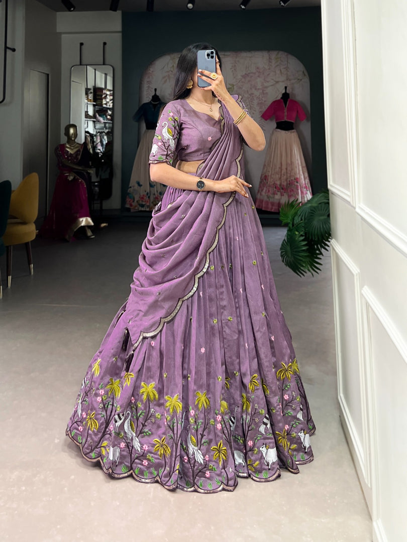 Gajari Vichitra Shimmer Dhavani Set , Langa Voni , Half-Saree and Langa Davani Set Price and Online Shopping Price Under 3000, this Fabric So Heavy and Gajari Color Rare Case Using Lehenga Sequins and Thread Embroidery Work , Blouse Sequins and Thread Embroidery Work and Dupatta Sequins and Thread Embroidery Work With Both Sides Tassels
 , Traditional Look For 2024-25 , 2025-26 . 