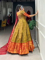 Load image into Gallery viewer, Gold Heavy Kanjivaram with Zari Weaving Work Anarkali , Traditional gold Kanjivaram gown with zari weaving , Elegant gold gown with net dupatta and lace border , Gold silk gown for festive and wedding occasions , Kanjivaram zari gold gown with luxurious flair . 
