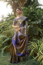 Load image into Gallery viewer, Kanchipuram Handloom Pattu Weaving Silk Saree wedding with price online , Pure Gold Zari Weaving and Blue Saree Mainly Manufacturing  Of Kanchipuram , Tamil Nadu , India . 
