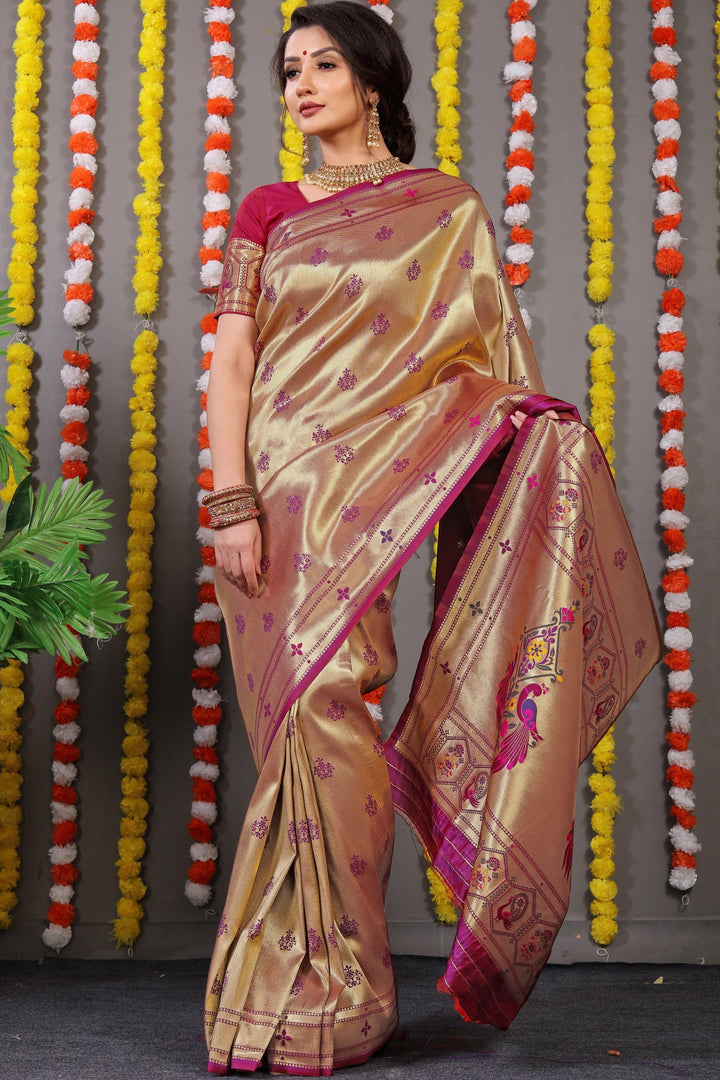 Trupti Soft Silk Golden Saree | Shoppers Trend