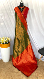 Load image into Gallery viewer, Green Soft Silk With Kanchipuram Weaving Work For Weddings Best Price and Online Shopping Price Under 2500 . this Fabric Stunning green soft silk saree adorned with detailed Kanchipuram weaving work. Includes a blouse piece. Perfect for traditional celebrations.
