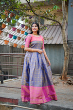Load image into Gallery viewer, Gray Kanjivaram Gown WIth Price and Online Shopping Price 1500 . This Fabric Radiate grace with this Kanjivaram Gown featuring intricate zari weaving work. Designed with a 3.5-meter flair, silk lining, and adjustable sizing, it’s perfect for festive and traditional occasions 2024-25 .  

