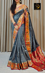 Load image into Gallery viewer, Gray Soft Silk Saree With Price , Latest Gray With Golden zari sarees The Most Famous Soft Silk in Andhra Pradesh and Assam . 


