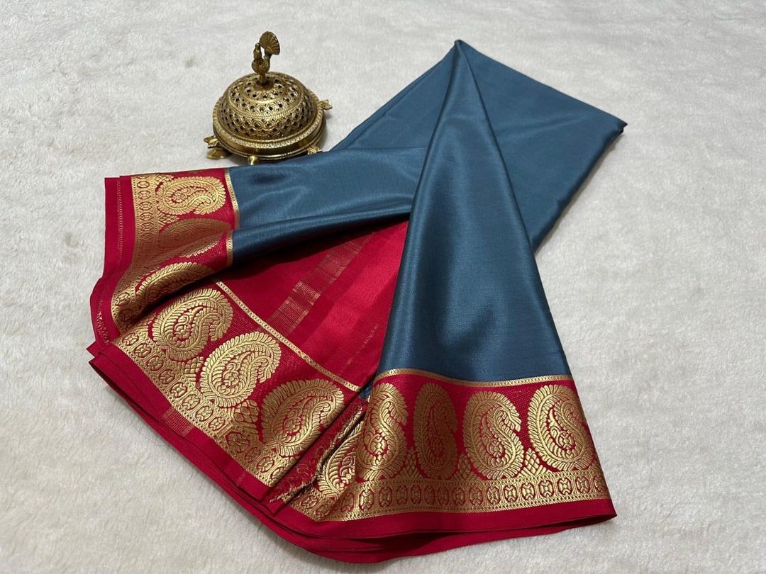 Elegant Semi-Mysore Silk Saree with zari work. 6.3m length. Comes with blouse , low price with best quality saree under 899 - Shop Now Shoppers Trend
