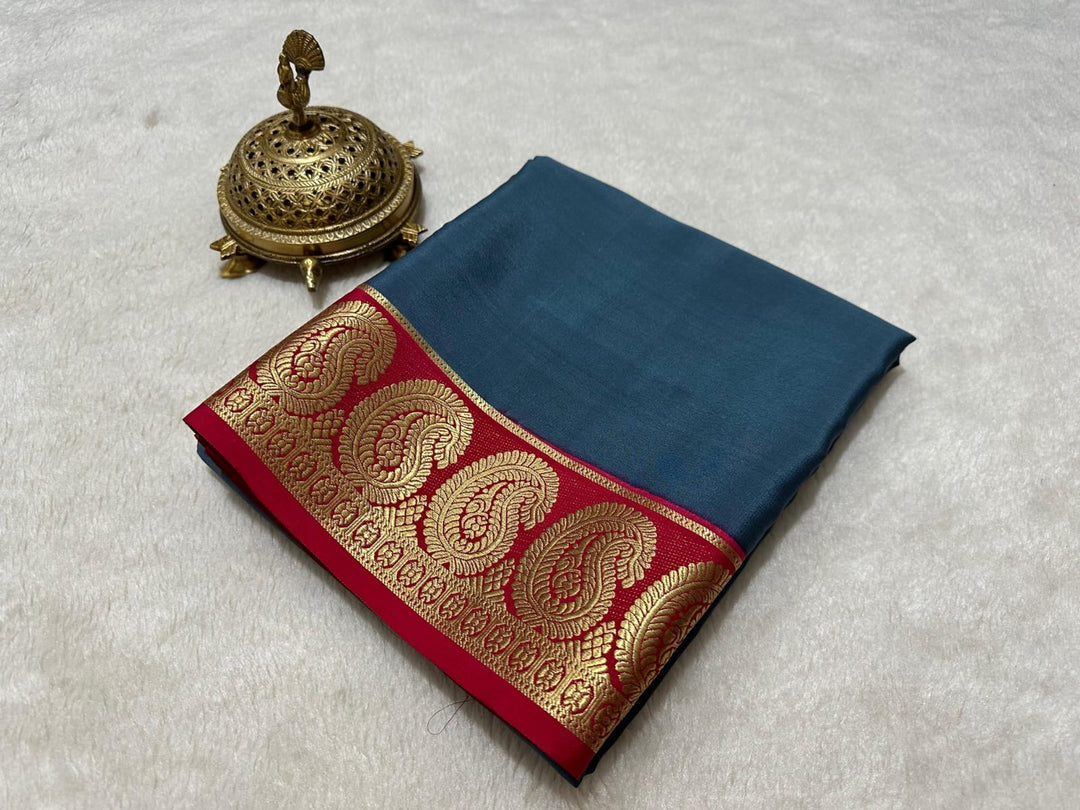 Lovely Gray Semi-Mysore Silk Saree with zari detailing. Includes matching blouse , Red Color Border Heavy Zari Weaving Work By Shoppers Trend
