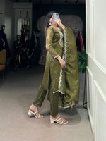 Load image into Gallery viewer, Pure green kurti set with dupatta , Ethnic green kurti and pant set , Stylish green kurti with matching dupatta , Traditional green outfit for women , Green embroidered kurti with pant and dupatta , Festive green kurti combo set , Readymade green kurti for parties , Wedding wear green kurti dress , Green kurti set with sequin and thread work , 
Soft cotton green kurti with pant , Elegant green kurti with gold embroidery . 
