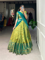 Load image into Gallery viewer, Green Color Heavy Zari Kanjivaram dhavani set | half-saree | davani set price under 1599! - shop now shoppers trend
