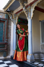 Load image into Gallery viewer, Green Color Narayan Pattu Dhavani Set | Langa Voni | Davani Set | Half-Saree Price and Online Shopping Price Under 1999 , this Green Lehenga Heavy Zari Weaving Work and Red Dupatta Embroidery Work With Lace Border Work under 1999 .  
