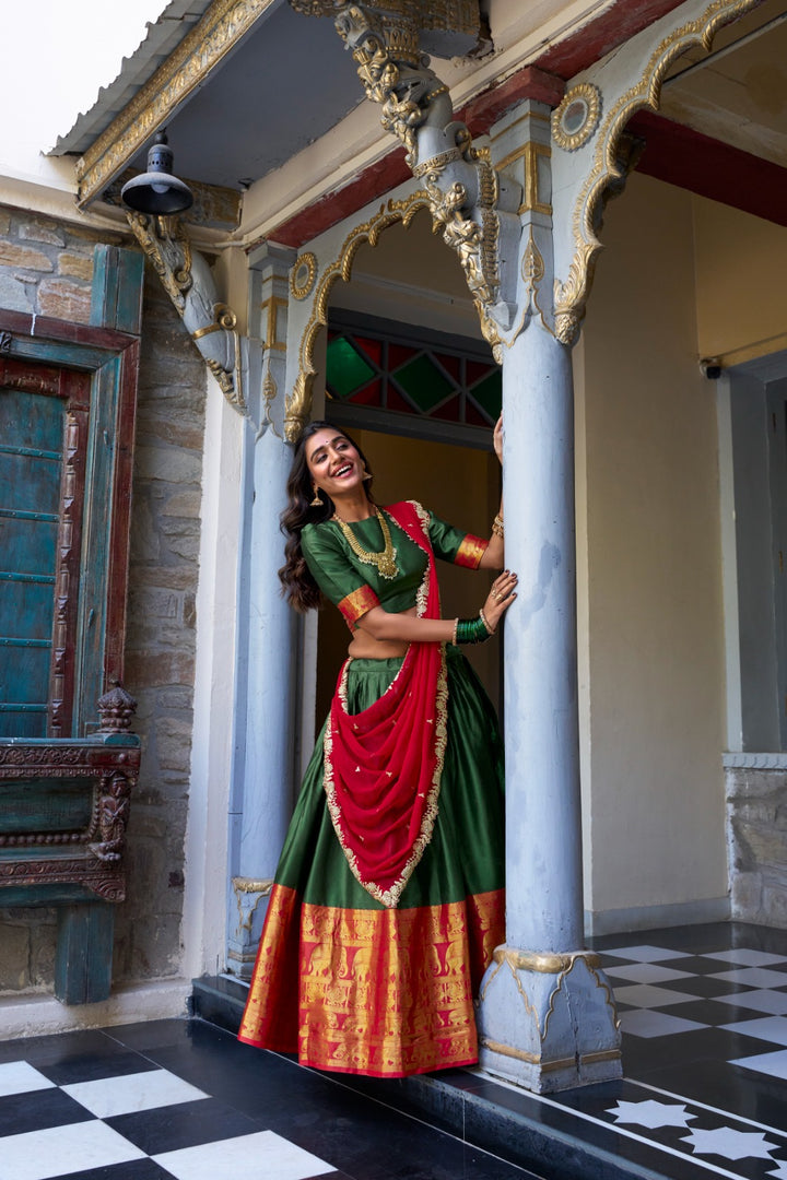 Green Color Narayan Pattu Dhavani Set | Langa Voni | Davani Set | Half-Saree Price and Online Shopping Price Under 1999 , this Green Lehenga Heavy Zari Weaving Work and Red Dupatta Embroidery Work With Lace Border Work under 1999 .  