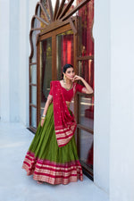 Load image into Gallery viewer, Green Pure Chanderi Lehenga , Emerald Green Zari Lehenga Set , 
Traditional Green Lehenga with Dupatta , Olive Green Festive Wear Lehenga , Green Ethnic Outfit for Mehendi . 
