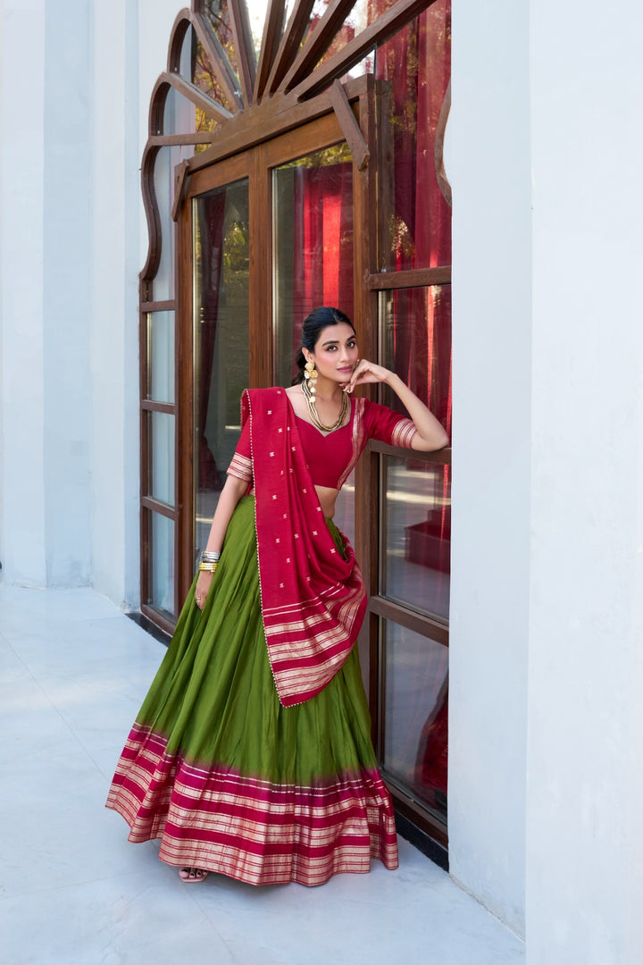 Green Pure Chanderi Lehenga , Emerald Green Zari Lehenga Set , 
Traditional Green Lehenga with Dupatta , Olive Green Festive Wear Lehenga , Green Ethnic Outfit for Mehendi . 