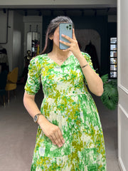 Green Color Rayon Frock or Dresses With Price and Online Shopping Price Under 1000 . Discover this ready-to-wear Rayon frock featuring a beautiful Printed With Foil Work , adjustable chest fit, and 3.50-meter flair with micro cotton lining.