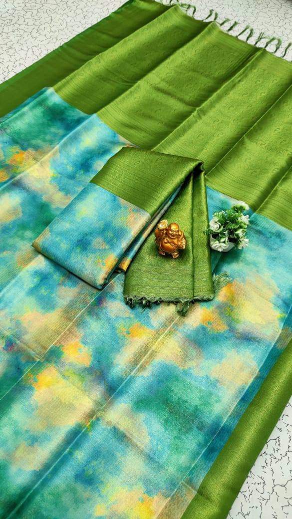 Green Color Digital Print With Zari Weaving Work Softy Silk Sarees With Price and Online Shopping Price Under 1500 . Traditional Saree 2024-25 2025-26 . 