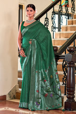 Load image into Gallery viewer, Green Viscose Saree From Viscose Saree Fabric For Wedding And Other Occasion , Traditionally, Viscose Sarees are woman , though they can also be made in other materials like cotton, georgette , Pure Viscose Silk , Paithani Weaving .
