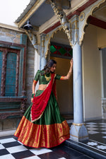 Load image into Gallery viewer, Bottle green silk saree with zari , Green lehenga choli with sequins work , Traditional green pattu lehenga , Green saree with blouse piece , Mehendi green lehenga for bridesmaid , Light green georgette saree , Zari border green silk saree , 
Party wear green embroidered  
lehenga , Green wedding lehenga with dupatta .
