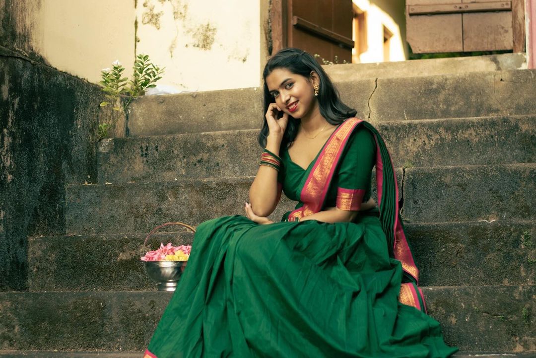 Kinaaz Cotton Lichi Green Half Saree / Langa Voni | Shoppers Trend