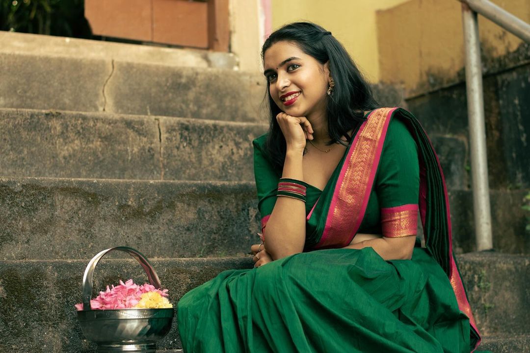 Kinaaz Cotton Lichi Green Half Saree / Langa Voni | Shoppers Trend