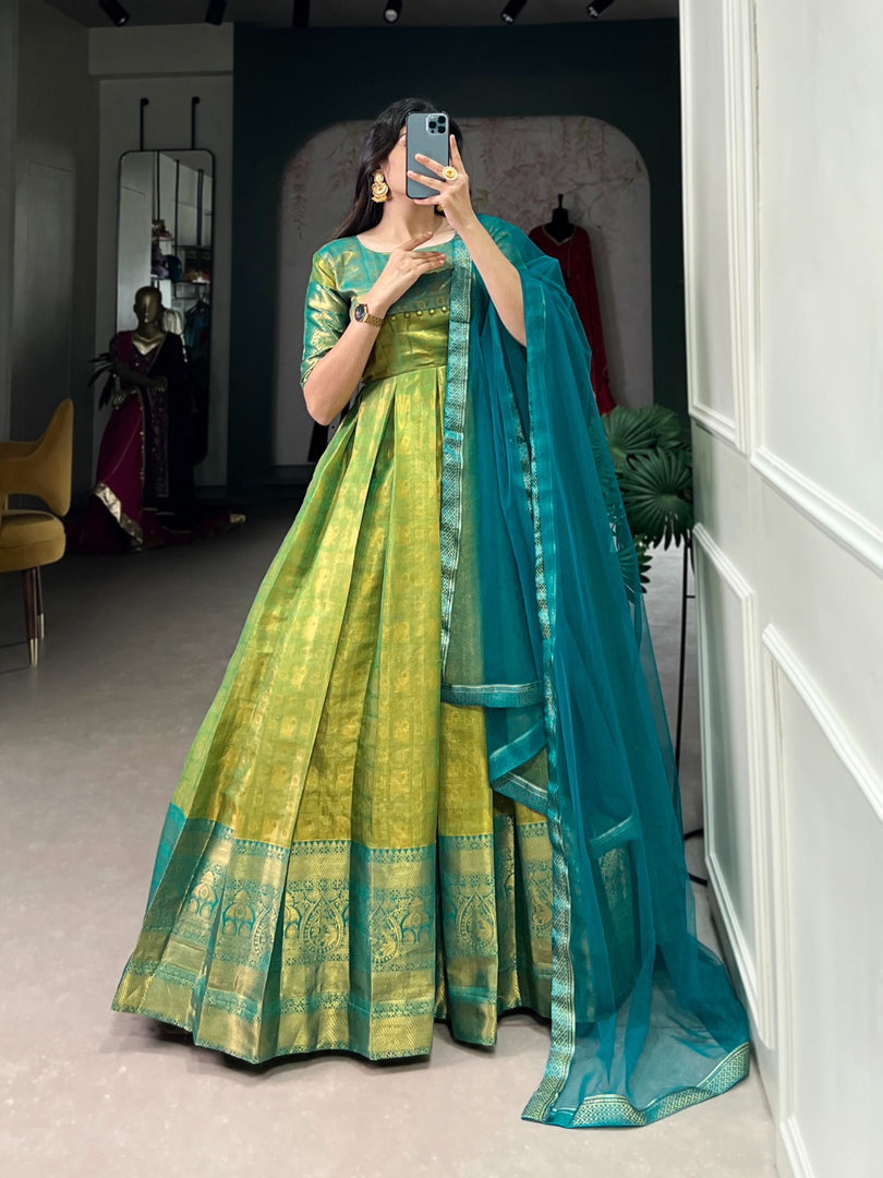 Green Kanjivaram Anarkali with Zari Weaving & Lace Border Dupatta Anarkali WIth Price and Online Shopping Price Under 1500 . this Fabric Green Kanjivaram Anarkali With Zari Weaving Work and Dupatta Plain With Lace Border and Traditional Look For Anarkali 2025-26 . 
