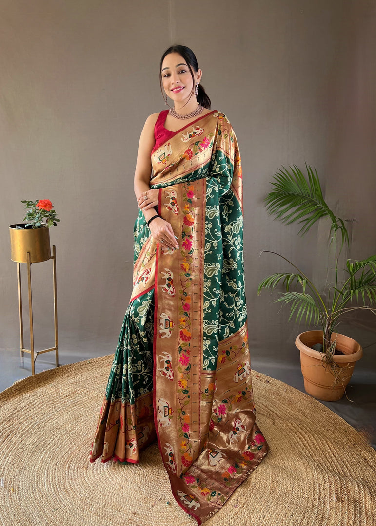 Green Paithani Sarees With Price and Online Shopping Price Under 2500 . this Fabric Green Paithani Saree For best Weddings Choise Price Original Saree , This Fabric Rich Border and Gold Zari Weaving Work Saree , Traditional Look For 2024-25 , 2025-26 . 