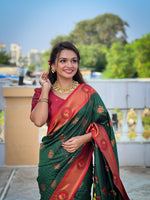 Load image into Gallery viewer, Green Soft Paithani Silk Sarees With Price and This Fabric Soft Paithani Silk Saree For Weddings for Under Price 2000 . This Fabric Soft Paithani Silk Saree First Manufacturer in Aurangabad district of Maharashtra.
