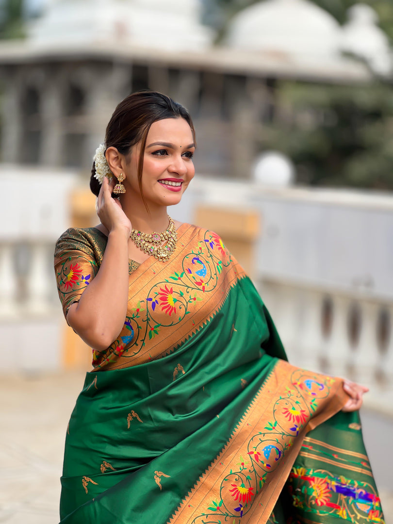 Green Soft Paithani Silk Sarees With Price and Online Shopping Price Under 2000 .  Crafted from premium Paithani Silk  known for its soft and glossy finish, this saree offers unmatched comfort and elegance. Traditional look For 2024-25 , 2025-26 . 