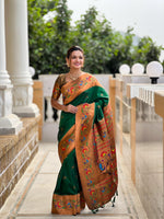 Load image into Gallery viewer, Green Soft Paithani Silk Sarees With Price and Online Shopping Price Under 2000 . this Fabric So Soft and Premium Rich Fabric and Menarkali Weaving Work With Heavy Border and Rich Premium Border , This Fabric Green Soft Paithani Silk Saree For Weddings Special Look For Price Under 2000 , Traditional Look For 2025-26 . 
