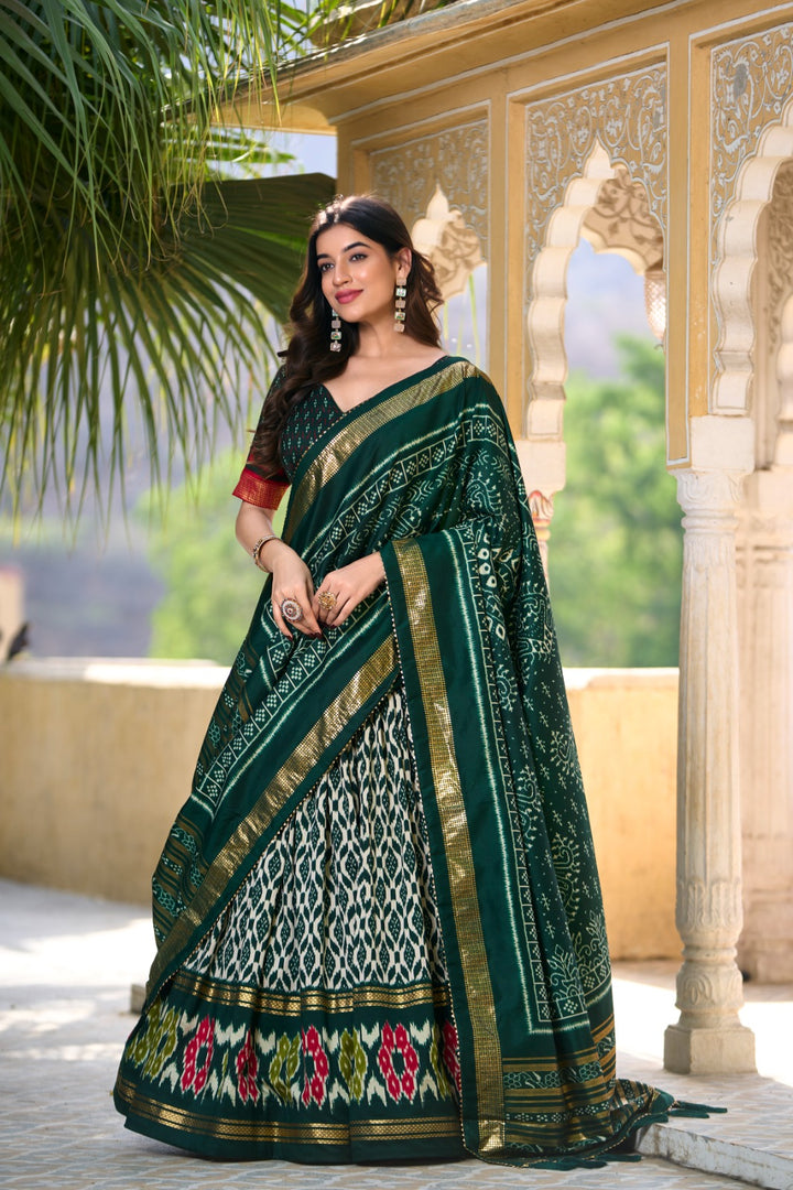 Green Tussar Silk Dhavani Set, Langa Voni , Half-Saree and Langa Voni With Price and Online Shopping Price Under 2000 . This Fabric Soft and Premium Fabric . This Green Tussar Silk Lehenga Rajavadi Pattern With Ikkat Print With Foil Work This Lehenga Working Traditional Look For 2024-25 . This Lehenga Price Under 2000 .  