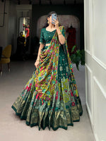Load image into Gallery viewer, Light Green With Green Tussar Silk Dhavani Set , Davani Set and Half-Saree With Price and Online Shopping Price Under 2000. This Kalamkari Printed With Foil Work Border Dhavani Set features foil Work and a drawstring with heavy tassels and zip. The set also includes a stitched canvas and attached Can , an Unstitched blouse with Kalamkari Printed With Foil Work, a Dupatta, and Kalamkari Print With Gotta Patti Lace Border Also Comes With Tassels . 
