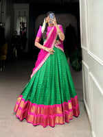 Load image into Gallery viewer, Embrace tradition with the Green Zari Chex Langa Voni | Dhavani Set | Half Saree. Woven from authentic Zari Chex , it features a soft feel, vibrant craftsmanship, and unmatched elegance for festive and cultural celebrations . This Green Dhavani Set For Weddings Special Collection 2025-26 . 

