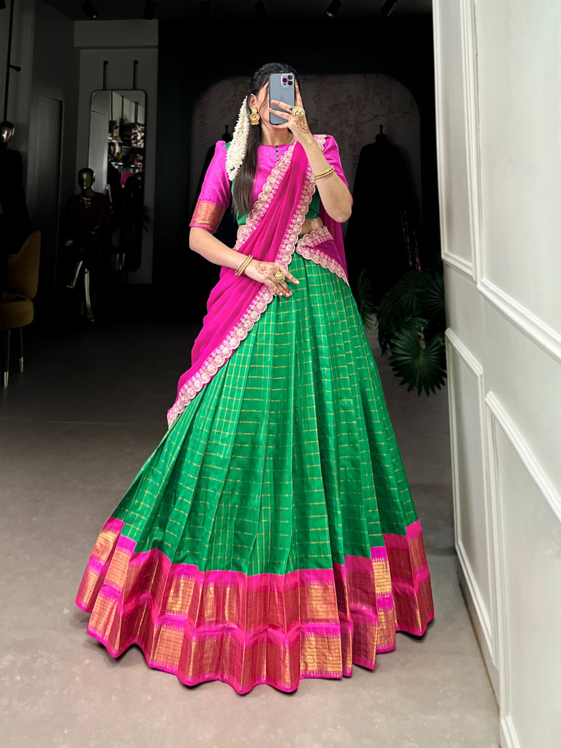 Embrace tradition with the Green Zari Chex Langa Voni | Dhavani Set | Half Saree. Woven from authentic Zari Chex , it features a soft feel, vibrant craftsmanship, and unmatched elegance for festive and cultural celebrations . This Green Dhavani Set For Weddings Special Collection 2025-26 . 