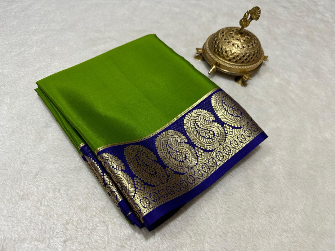 Semi-Mysore Silk Saree with zari work. 6.3m length. Includes blouse. Machine washable.

