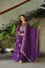 Load image into Gallery viewer, Elegant Chinon Anarkali gown featuring sequins and beads embroidery. 56-inch length with 3.5-meter flair, full cotton lining, and regular sleeves. Includes a 2.3-meter matching Chinon dupatta with embroidered lace border. Complete package contains both gown and dupatta.
