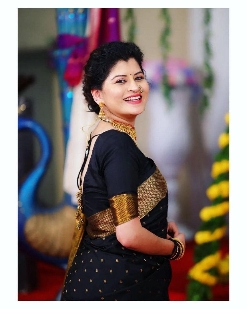 Ravina Soft Lichi Silk Black Jacquard Saree | Shoppers Trend