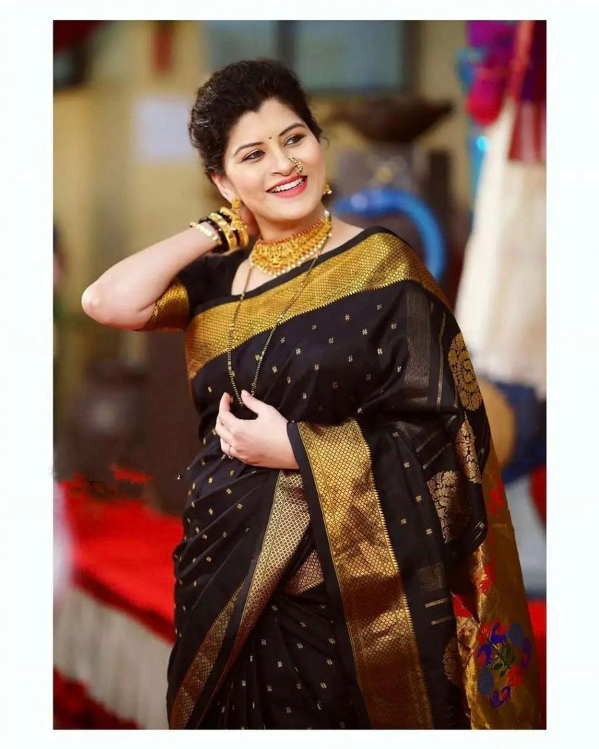 Ravina Soft Lichi Silk Black Jacquard Saree | Shoppers Trend