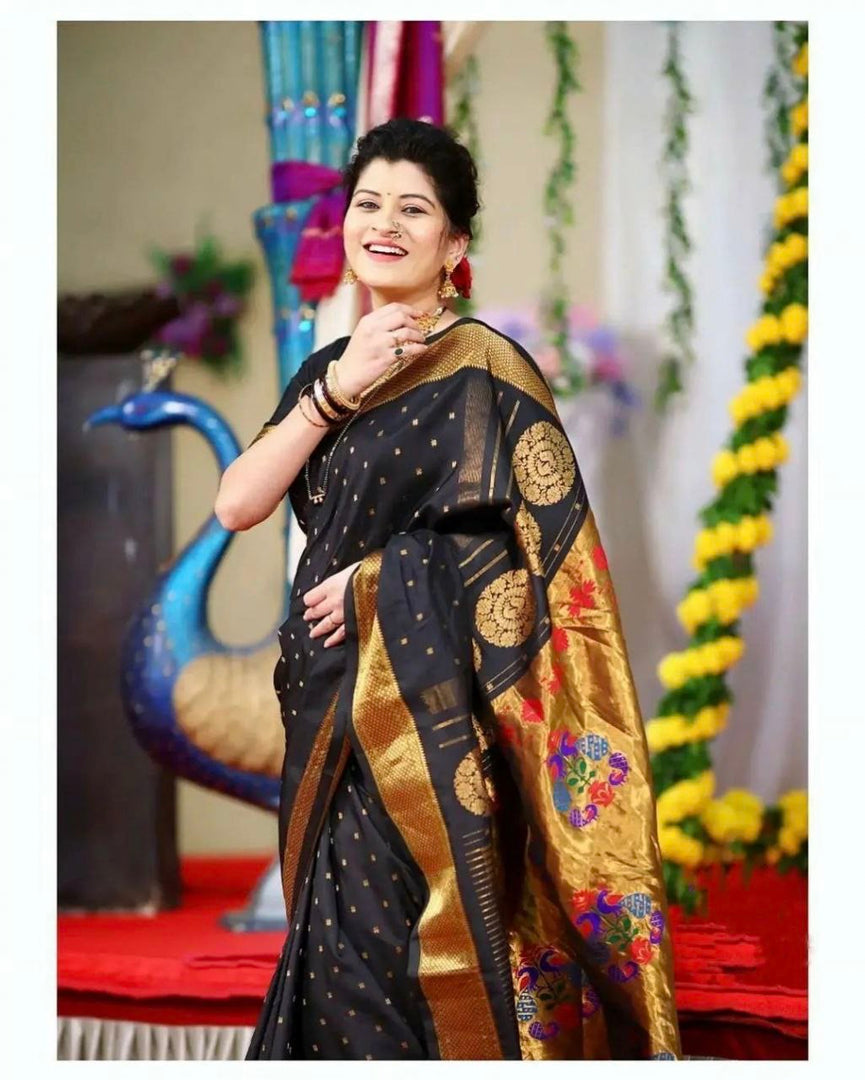 Ravina Soft Lichi Silk Black Jacquard Saree | Shoppers Trend