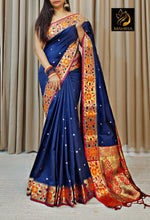 Load image into Gallery viewer, Royal Blue Saree , Pure soft silk stunning Blue Golden Zari Using in Karnataka &amp; Assam . This Soft Silk Saree Most Popular Designer Blue Color Most Famous.
