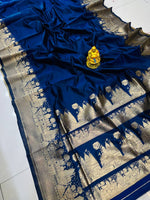 Load image into Gallery viewer, Blue Soft Silk Sarees with Price and Online Shopping Price Under 1500 .  The Fabric Soft Silk Saree Silver Zari Weaving Work Most Combination Saree Fully Authentic  saree Silver Zari Weaving Work With Border Blue Saree Most Traditional look 2024-25 .
