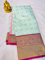 Load image into Gallery viewer, Light-Pista Kanchipuram Handloom Tissue Weaving Silk Saree with Price and With Zari Weaving Border Work Mainly Manufacture Tamil Nadu . Traditional look and Famous 2024-25
