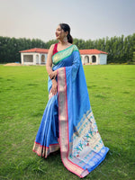 Load image into Gallery viewer, Light Blue Color Kanjivaram Saree with Zari Weaving Works For Weddings Best Price and Online Shopping Price Under 2000. this Fabric So Heavy and Sophisticated Light Blue Kanjivaram saree featuring rich Zari weaving work. Comes with a matching blouse piece. Ideal for weddings, parties, and traditional events.  Traditional Look For 2024-25 , 2025-26 . 
