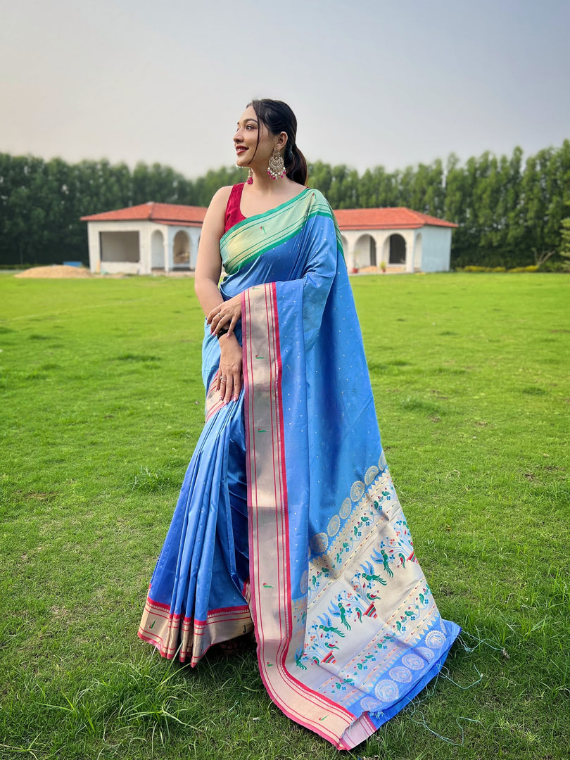 Light Blue Color Kanjivaram Saree with Zari Weaving Works For Weddings Best Price and Online Shopping Price Under 2000. this Fabric So Heavy and Sophisticated Light Blue Kanjivaram saree featuring rich Zari weaving work. Comes with a matching blouse piece. Ideal for weddings, parties, and traditional events.  Traditional Look For 2024-25 , 2025-26 . 
