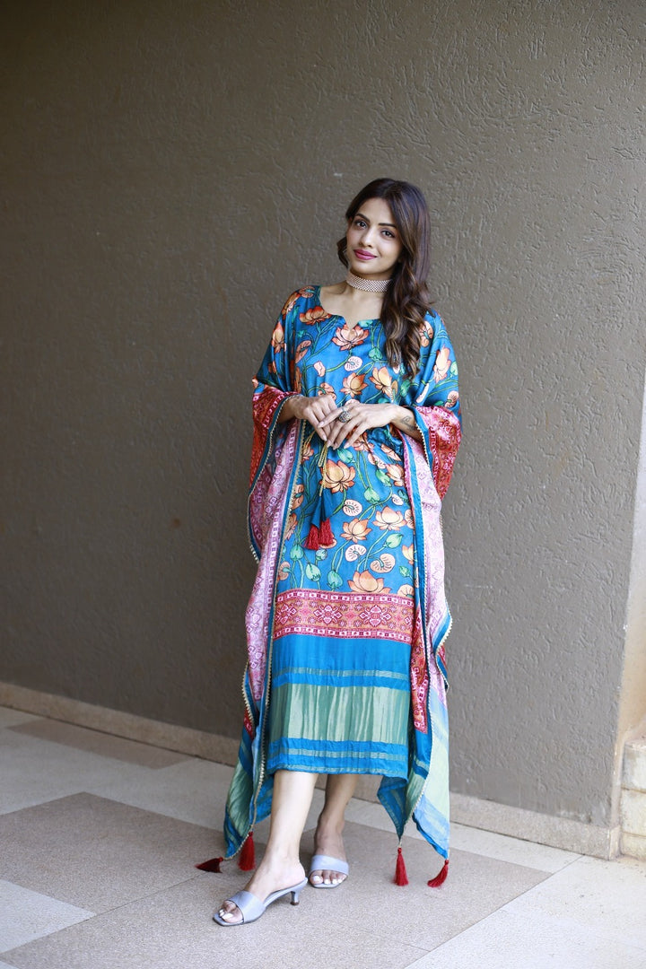 Light Blue Color Pure Gaji Silk & Digital Print with Gotta Patti Lace Border Dress 👗 Frock Price and Online Shopping Price Under 2500 . this Fabric So heavy and Heavy Fabric Soft and Skin Friendly Fabric , Pure Gaji Silk Fabric Online , Oversized Kaftan for Women and Comfortable & Stylish Kaftan Dress