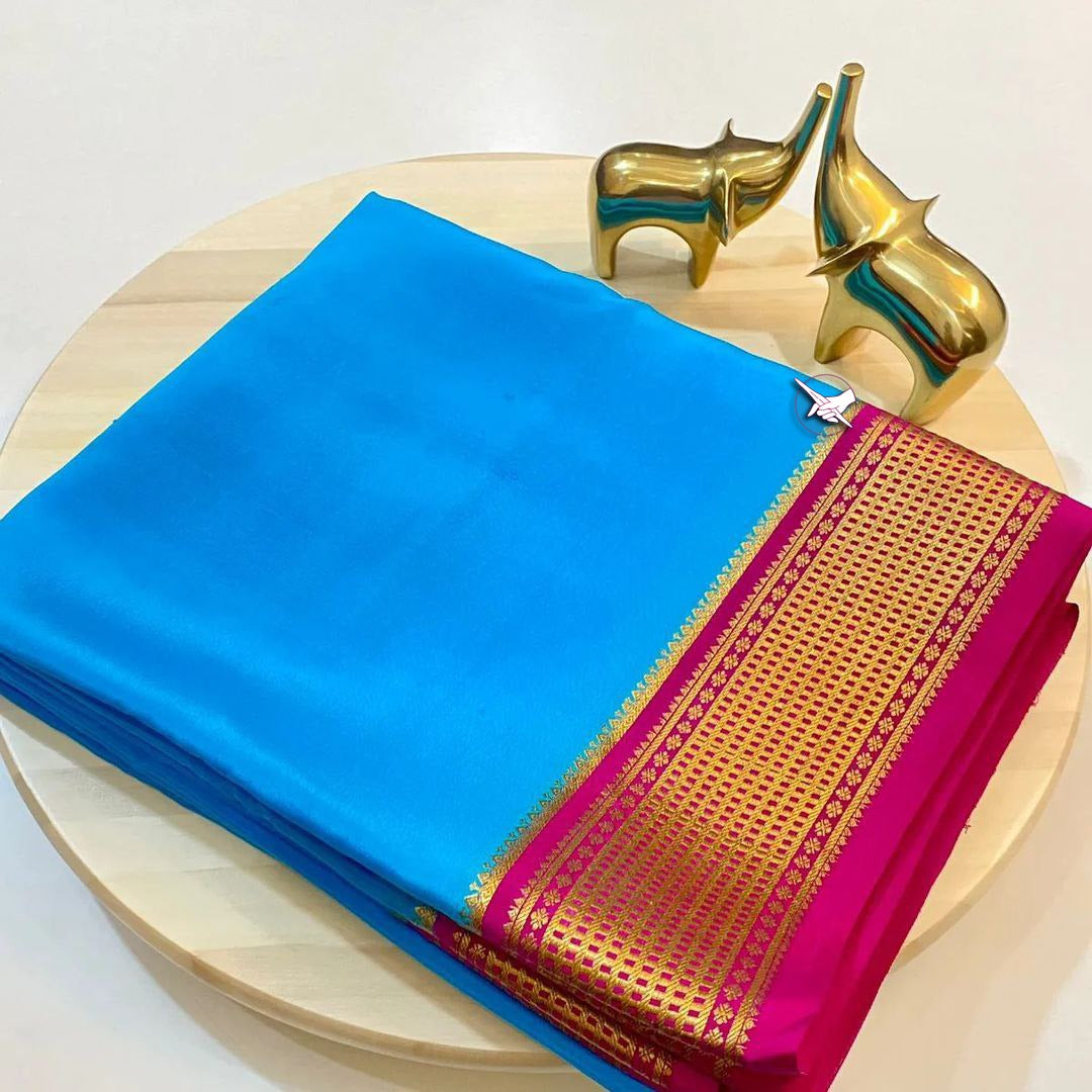 Blue Semi Mysore Silk Saree , Light Blue Semi Mysore Silk Sarees Best Quality with Border Rani Pink Color With Zari Weaving Work fully elegant design , Weddings Wear Semi Mysore Silk Saree... 
