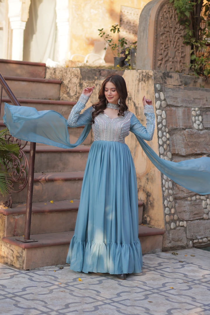 Star Georgette Embroidered Gown , Sequins Work Party Wear Gown , Full Sleeves Ethnic Gown , Designer Wedding Gown with Dupatta , Festive Wear Women’s Gown Online Price 2000 .